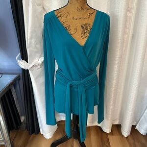 Eva Varro Green and Blue Tie Front Blouse with Long Sleeves